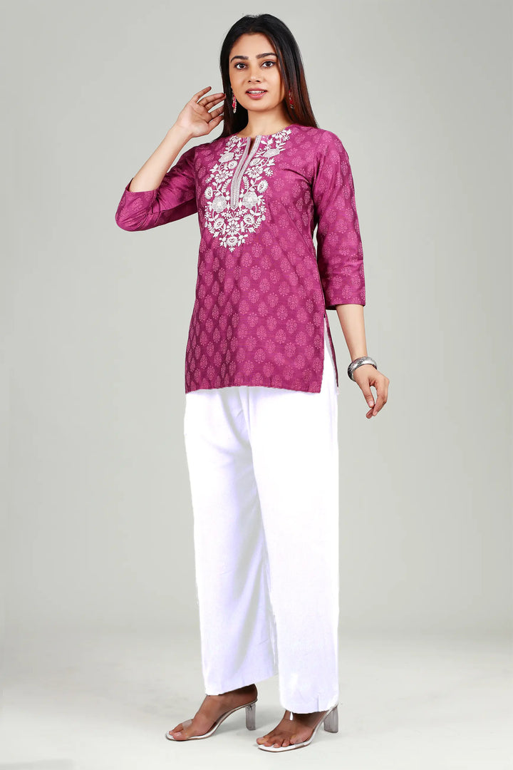 Light Purple PolySilk Straight Embroidered Short Kurta