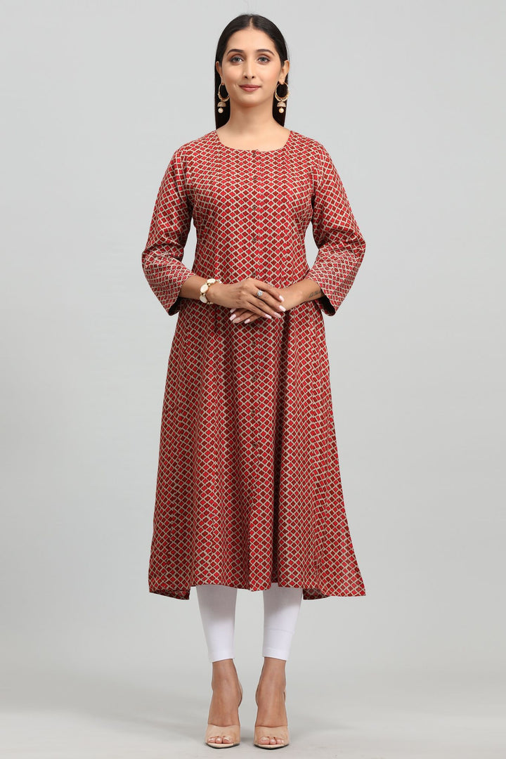 Maroon Rayon A Line Printed Kurta