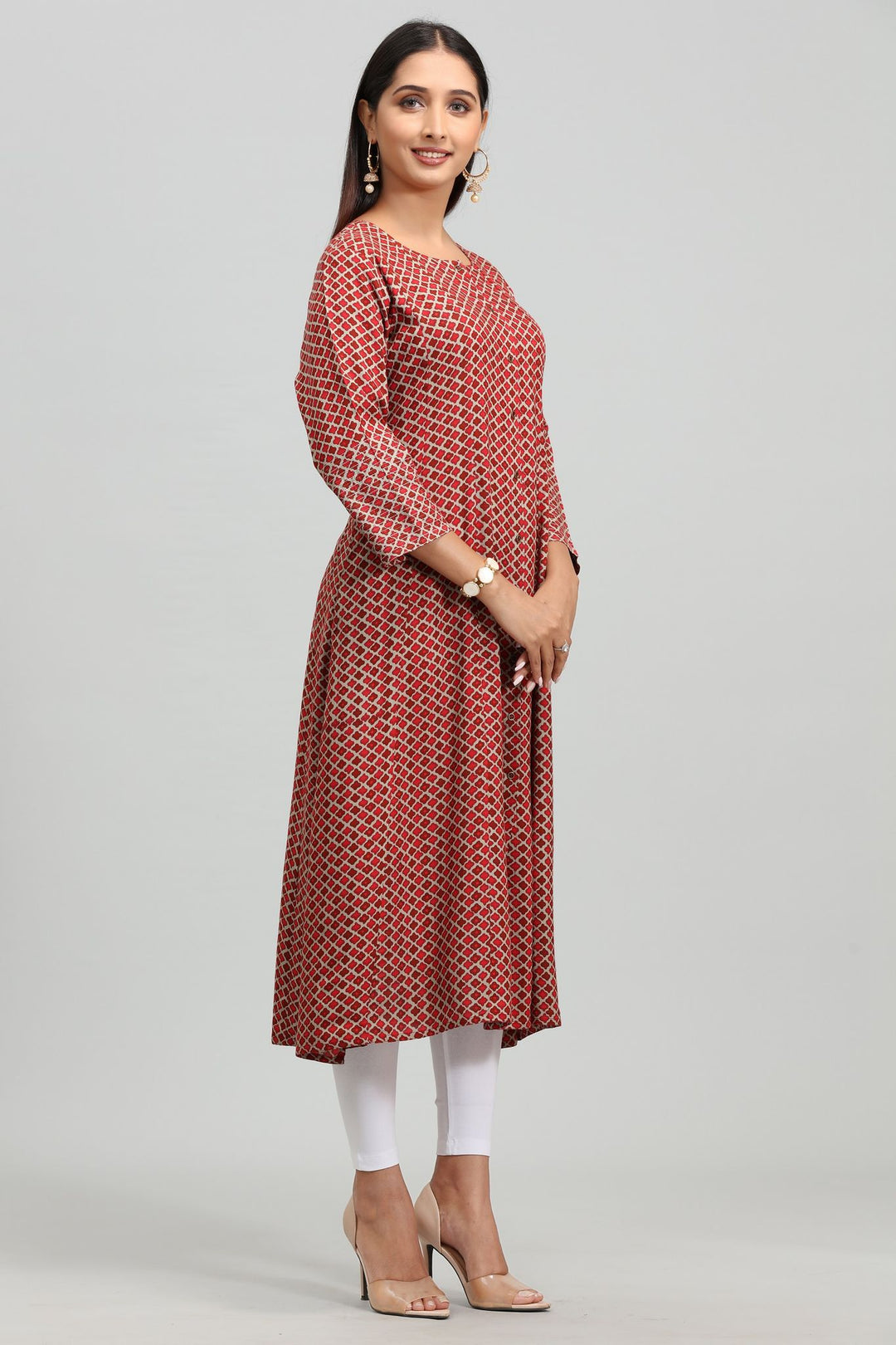 Maroon Rayon A Line Printed Kurta