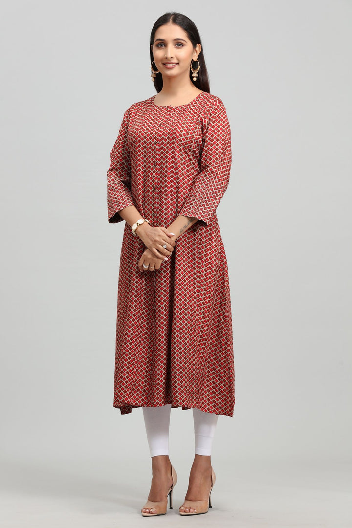 Maroon Rayon A Line Printed Kurta