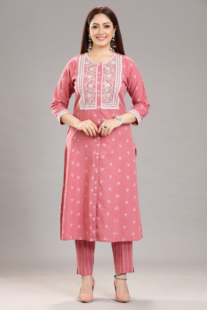 Peach Cotton Straight Embroidered Kurta Pant Co-Ord Set