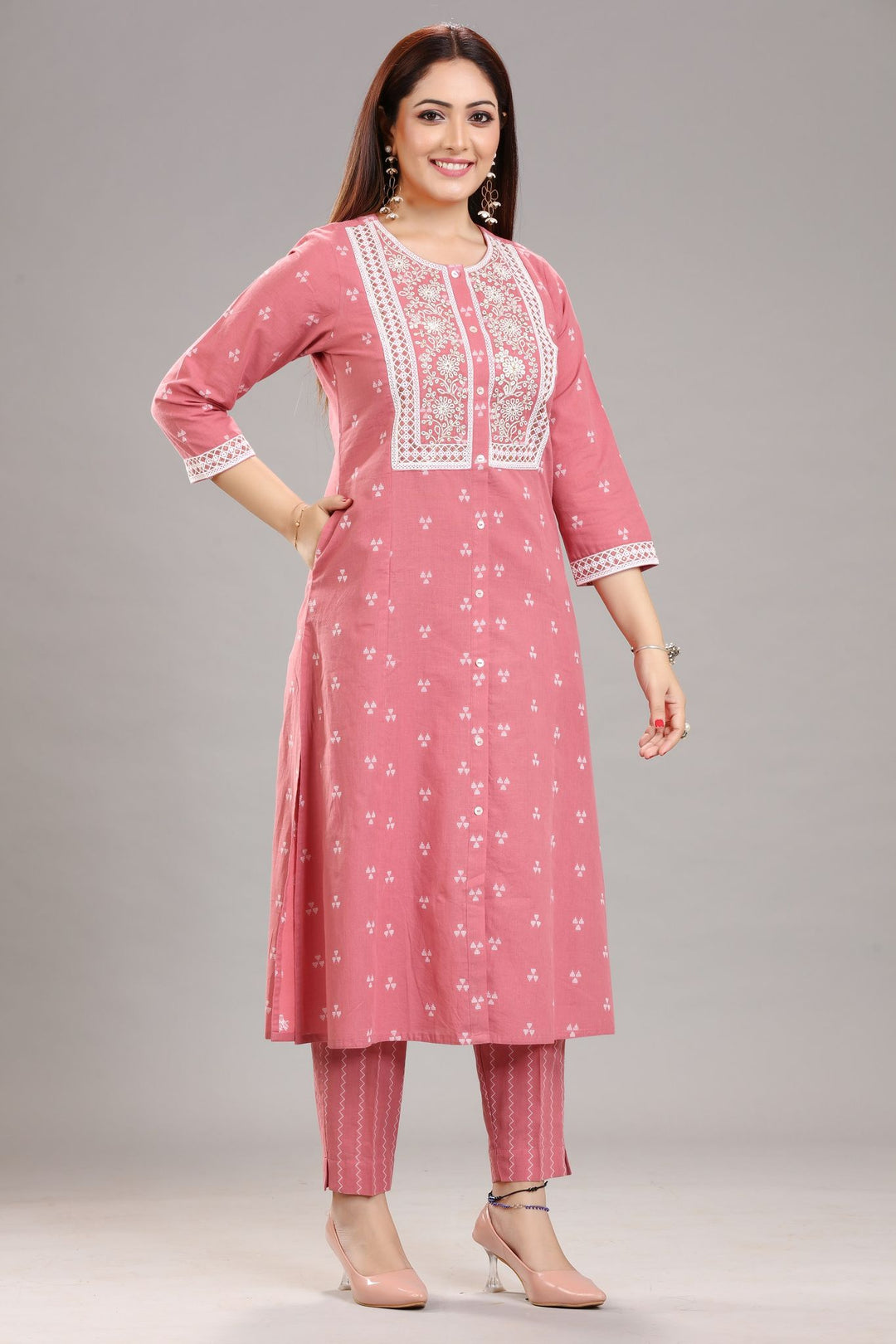 Peach Cotton Straight Embroidered Kurta Pant Co-Ord Set