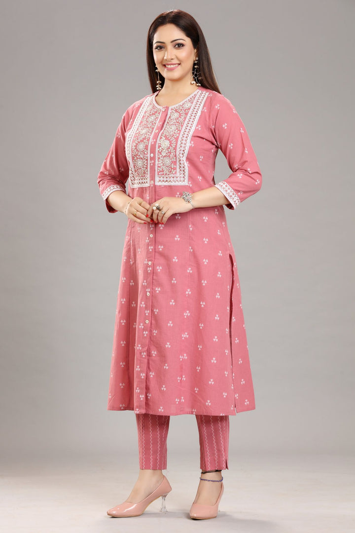 Peach Cotton Straight Embroidered Kurta Pant Co-Ord Set