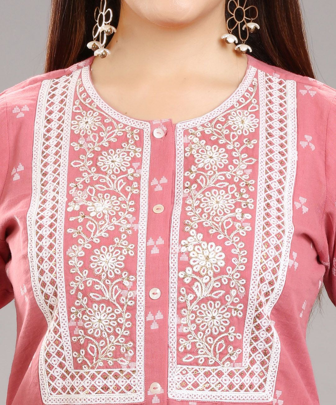 Peach Cotton Straight Embroidered Kurta Pant Co-Ord Set