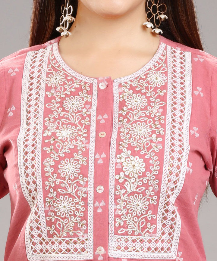 Peach Cotton Straight Embroidered Kurta Pant Co-Ord Set