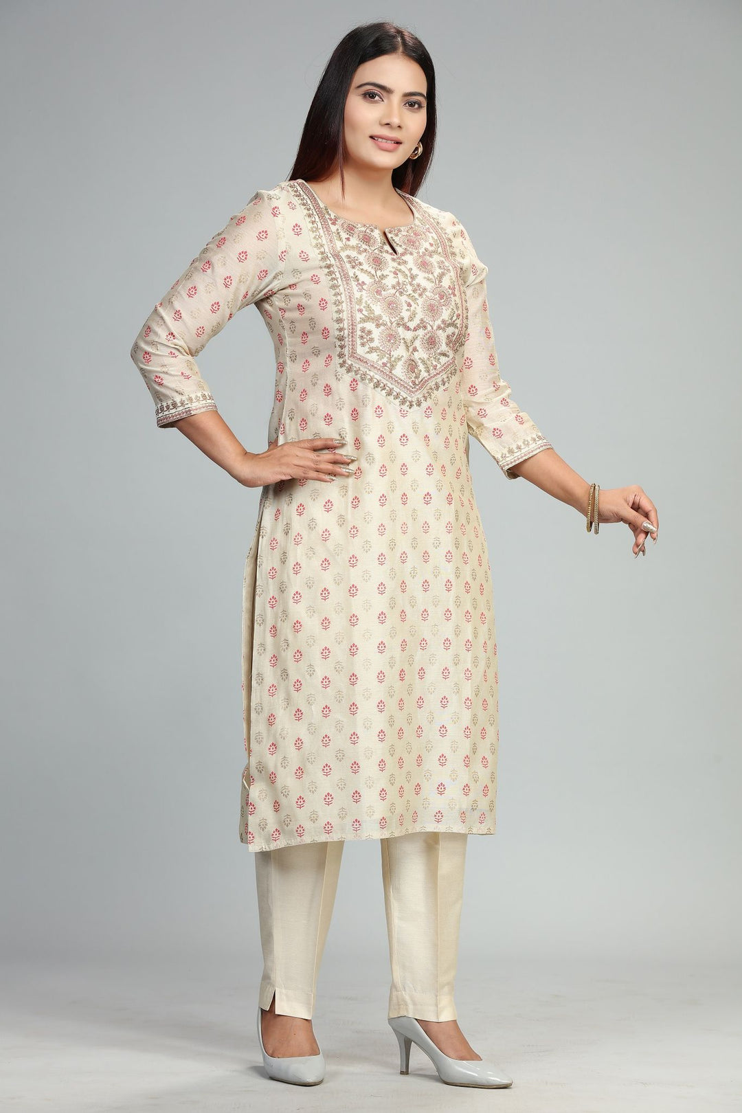 Puja Cream Chanderi Embroidered Suit Set