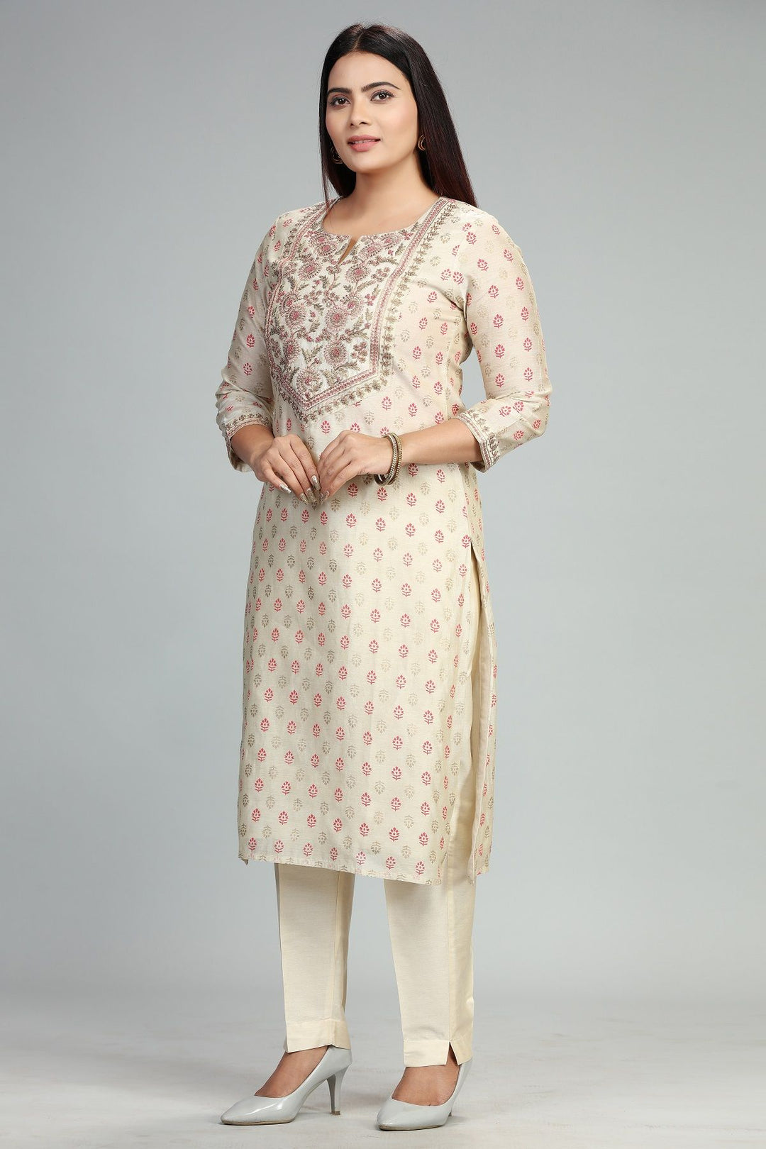 Puja Cream Chanderi Embroidered Suit Set