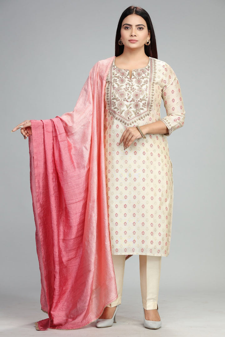 Puja Cream Chanderi Embroidered Suit Set