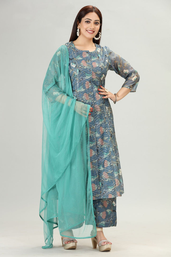 Pushti Turquoise Chanderi Embroidery Suit Set