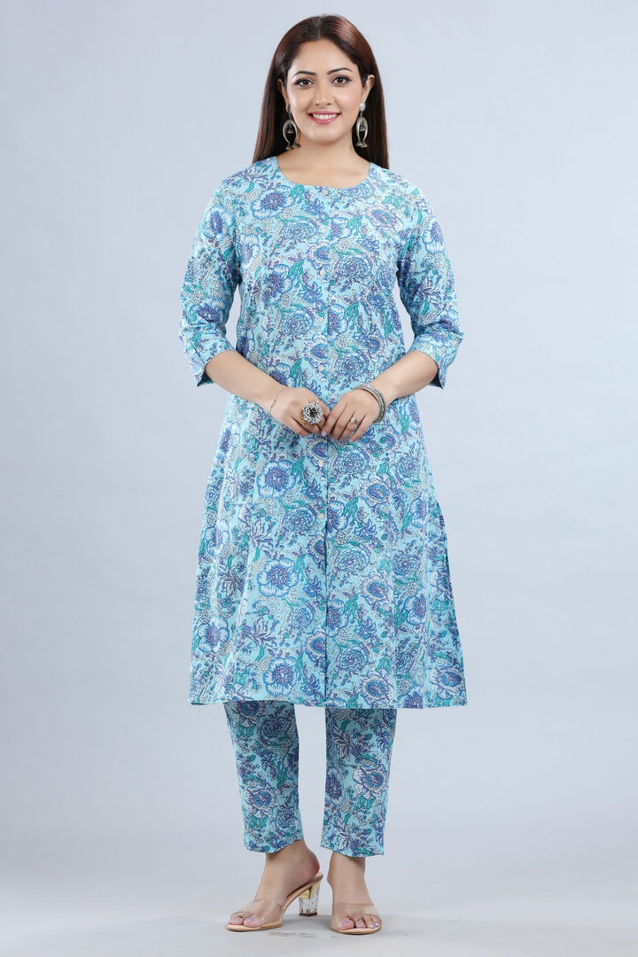 Sky Blue Cotton A Line Printed Kurta Pant Co ord Set