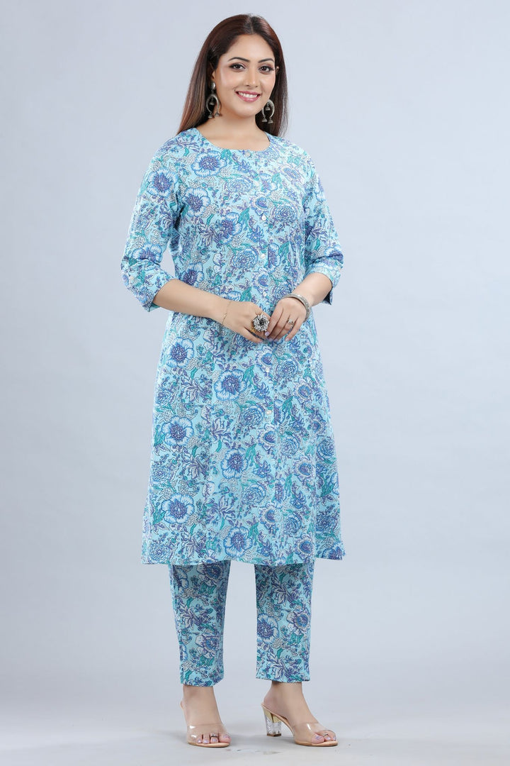 Sky Blue Cotton A Line Printed Kurta Pant Co ord Set