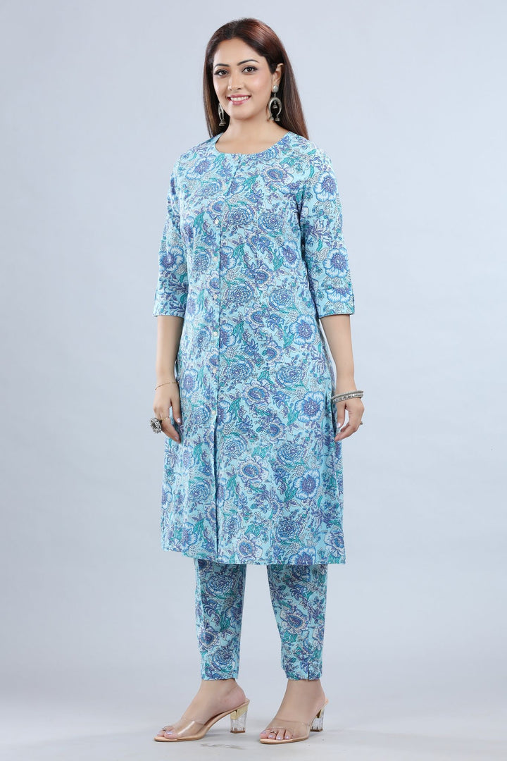 Sky Blue Cotton A Line Printed Kurta Pant Co ord Set