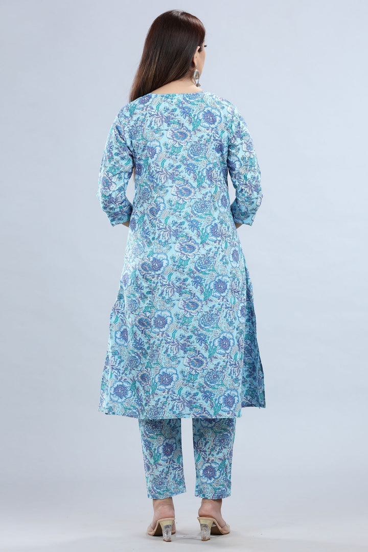 Sky Blue Cotton A Line Printed Kurta Pant Co ord Set