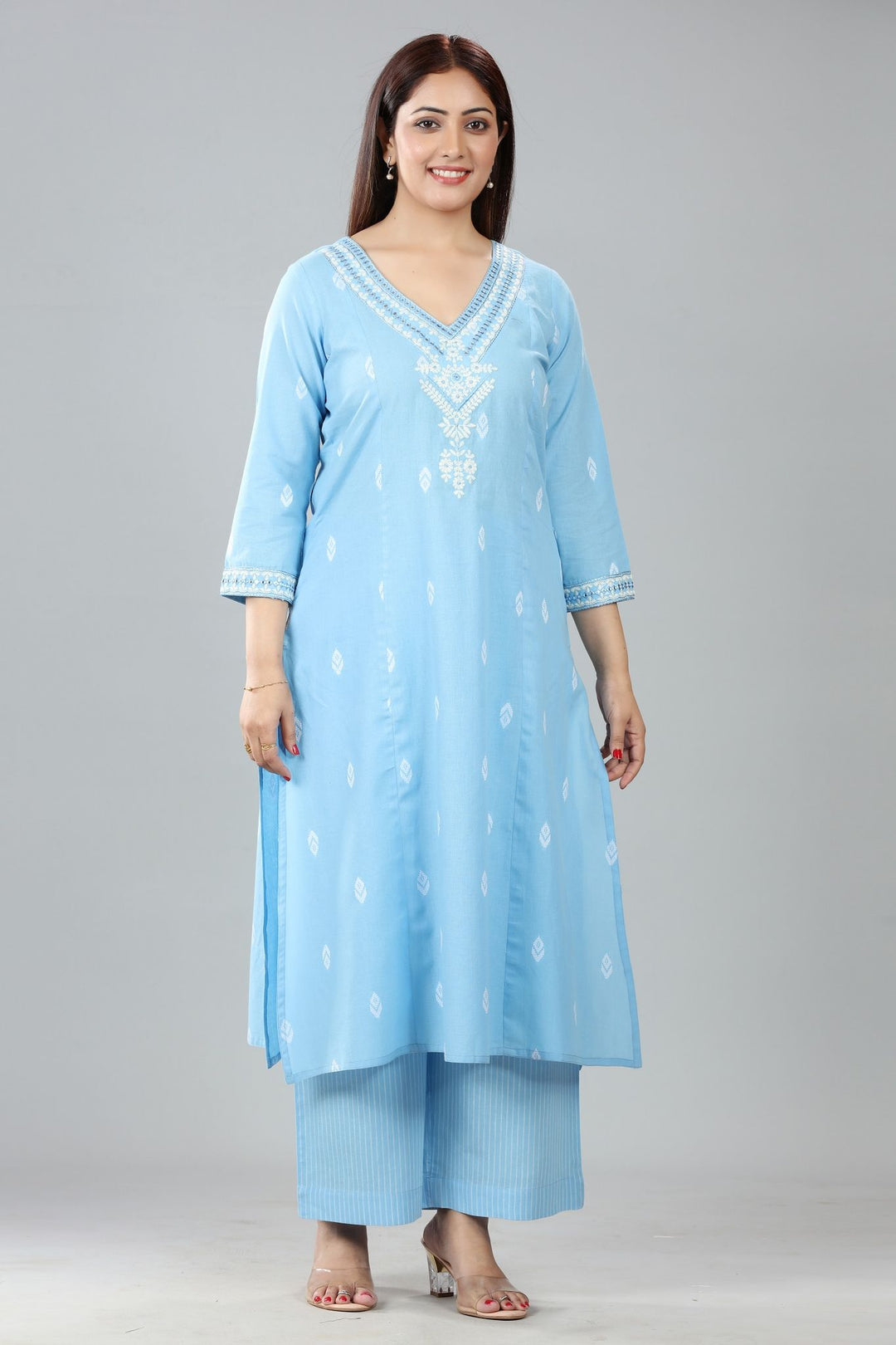 Light Blue Cotton A Line Embroidered Kurta Pant Co ord Set