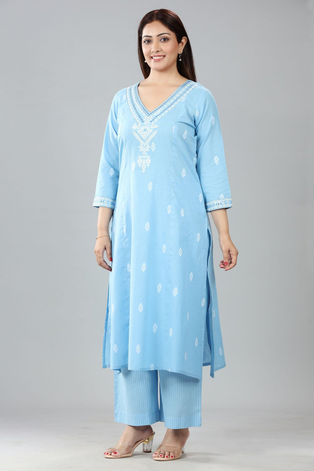 Light Blue Cotton A Line Embroidered Kurta Pant Co ord Set