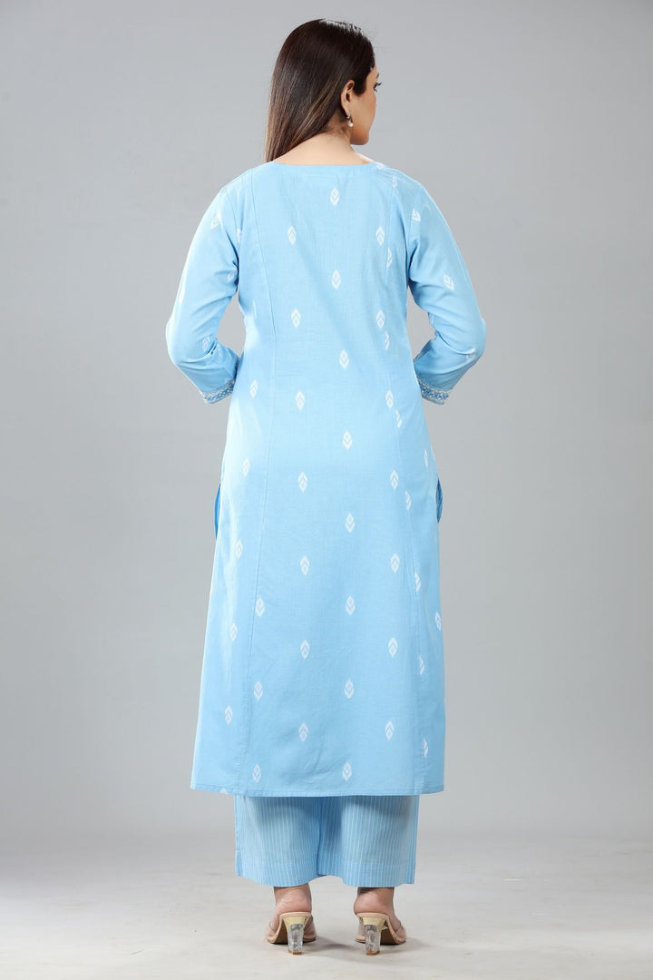 Light Blue Cotton A Line Embroidered Kurta Pant Co ord Set