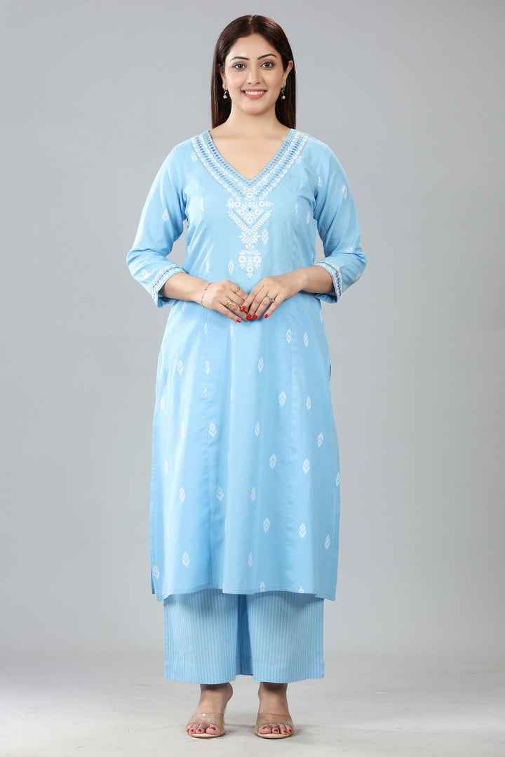 Light Blue Cotton A Line Embroidered Kurta Pant Co ord Set