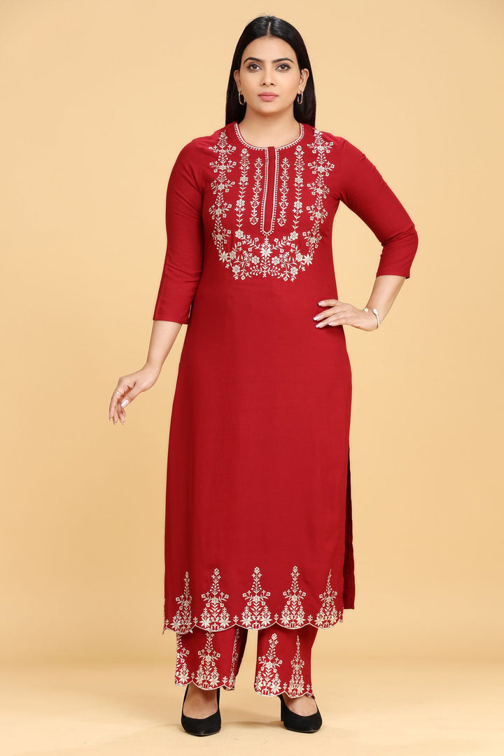 Rabia Maroon Embroidered Rayon Kurta With Pant Set