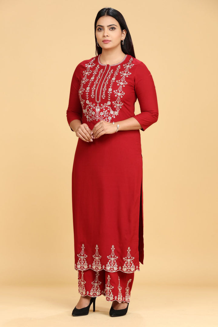 Rabia Maroon Embroidered Rayon Kurta With Pant Set