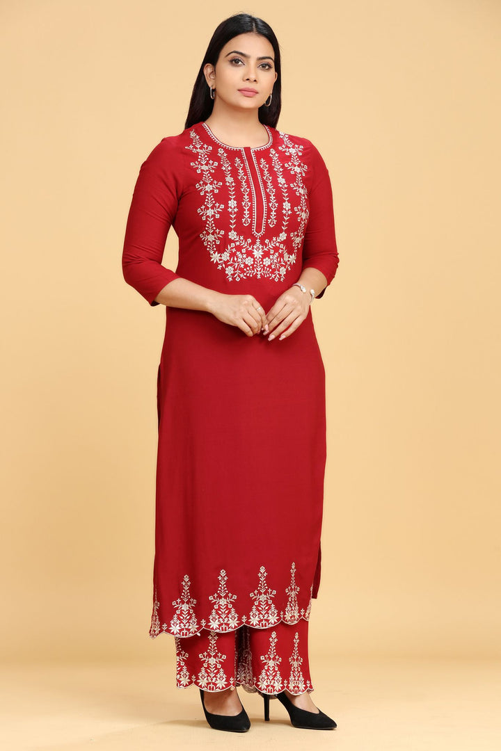 Rabia Maroon Embroidered Rayon Kurta With Pant Set