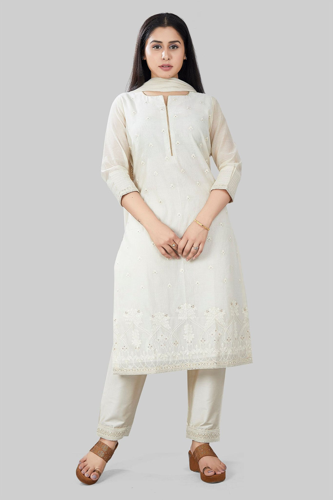 Cream Chanderi Embroidered Kurta Pant Dupatta Suit Set