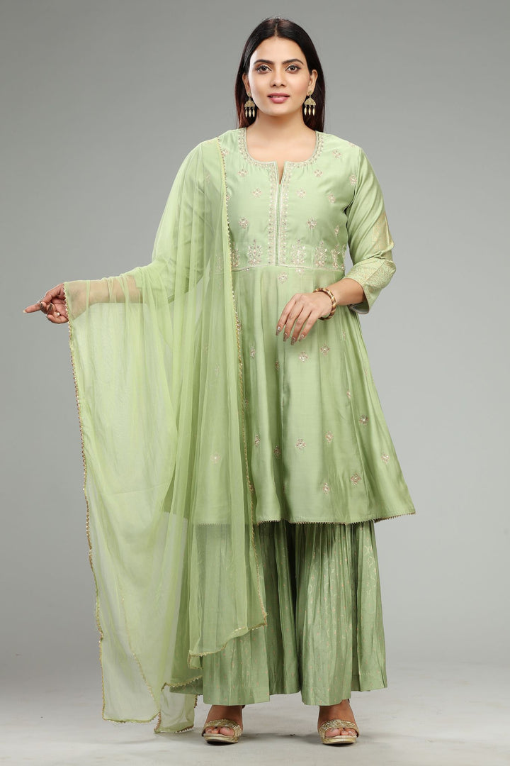 Neon Green Viscose Silk A Line Embroidered Kurta Pant Suit Set