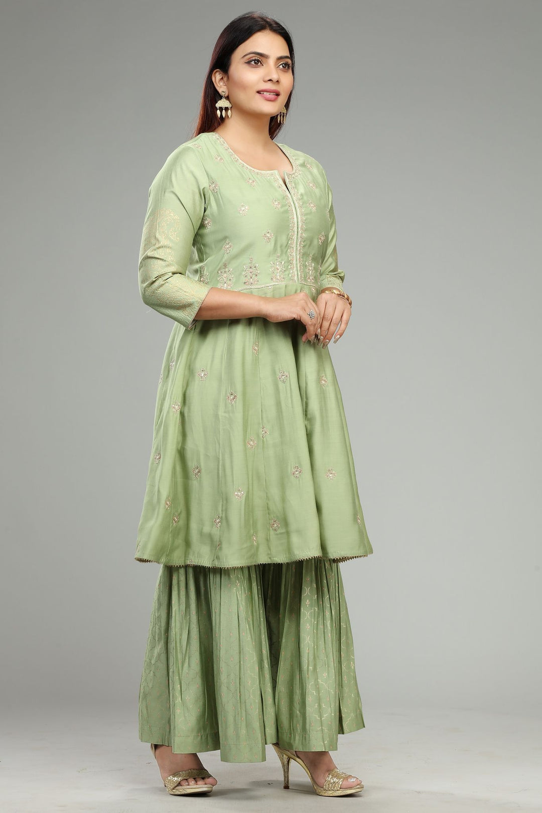 Neon Green Viscose Silk A Line Embroidered Kurta Pant Suit Set