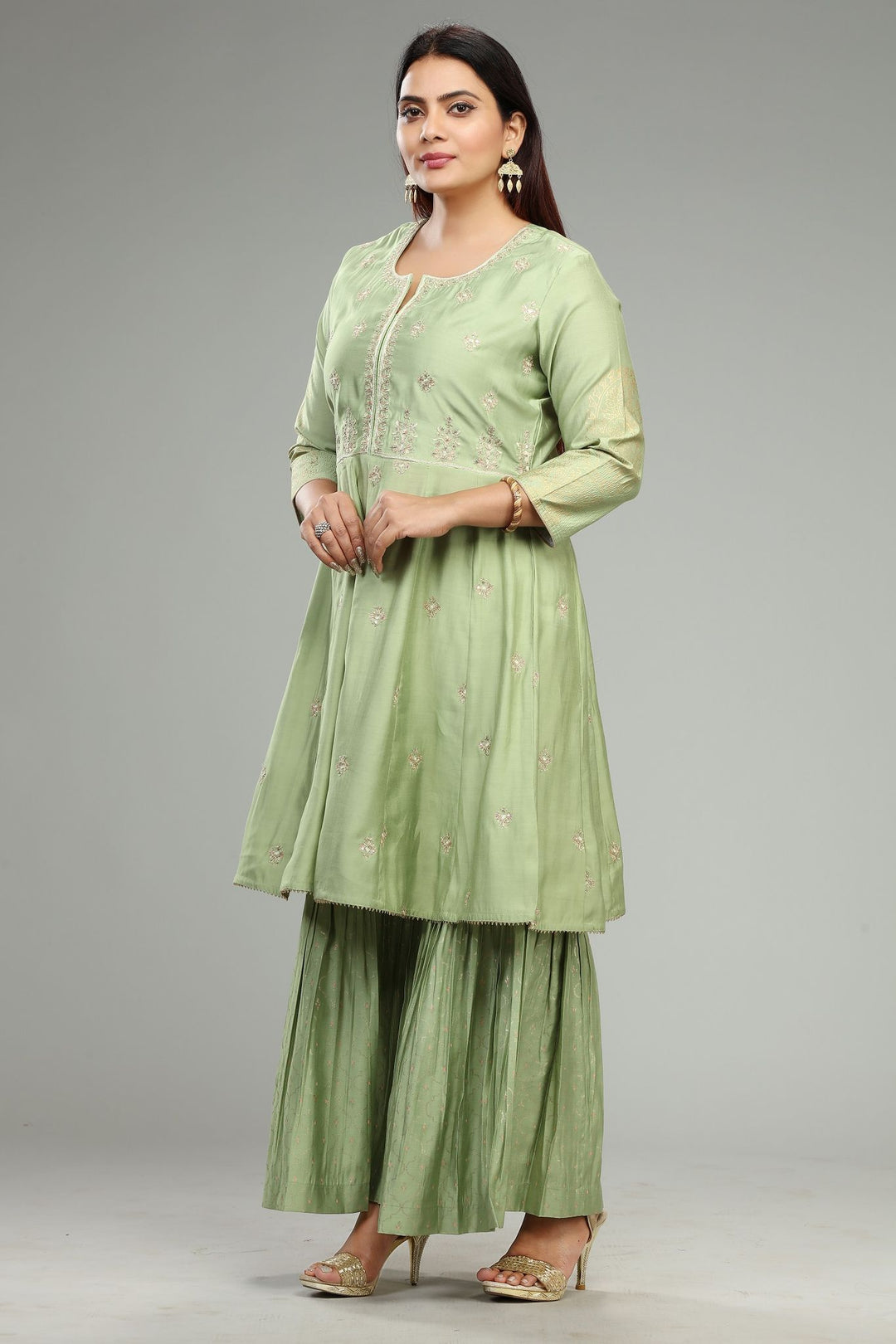 Neon Green Viscose Silk A Line Embroidered Kurta Pant Suit Set