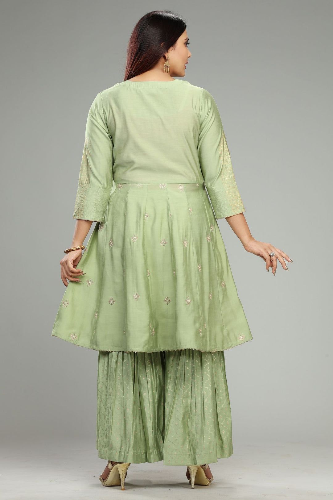 Neon Green Viscose Silk A Line Embroidered Kurta Pant Suit Set