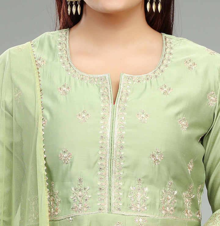 Neon Green Viscose Silk A Line Embroidered Kurta Pant Suit Set