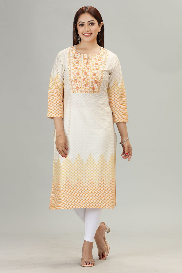 Off White Cotton Straight Embroidered Kurta