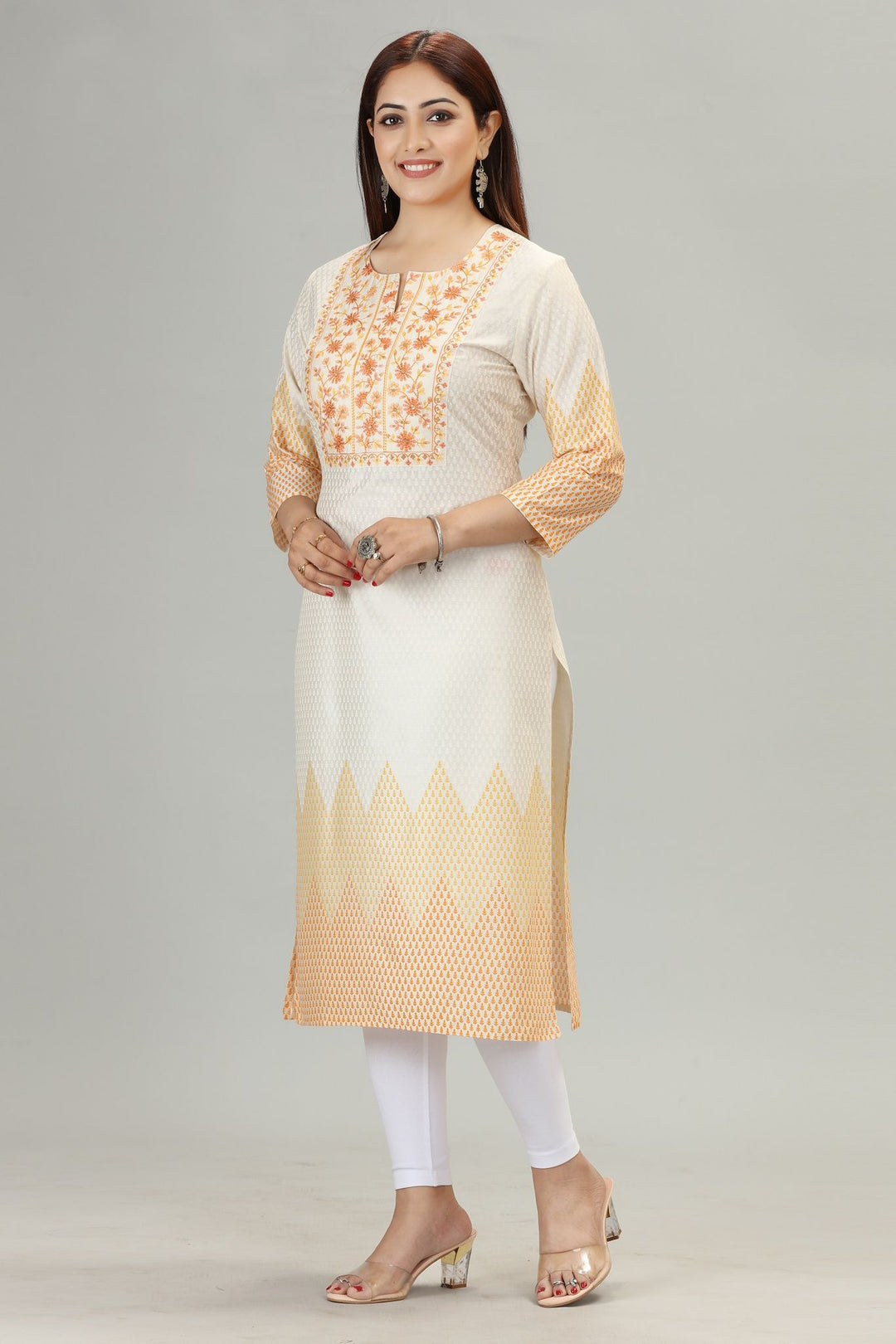 Off White Cotton Straight Embroidered Kurta