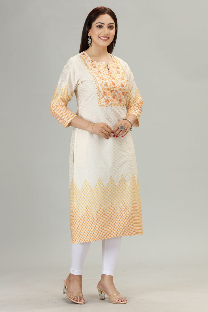 Off White Cotton Straight Embroidered Kurta