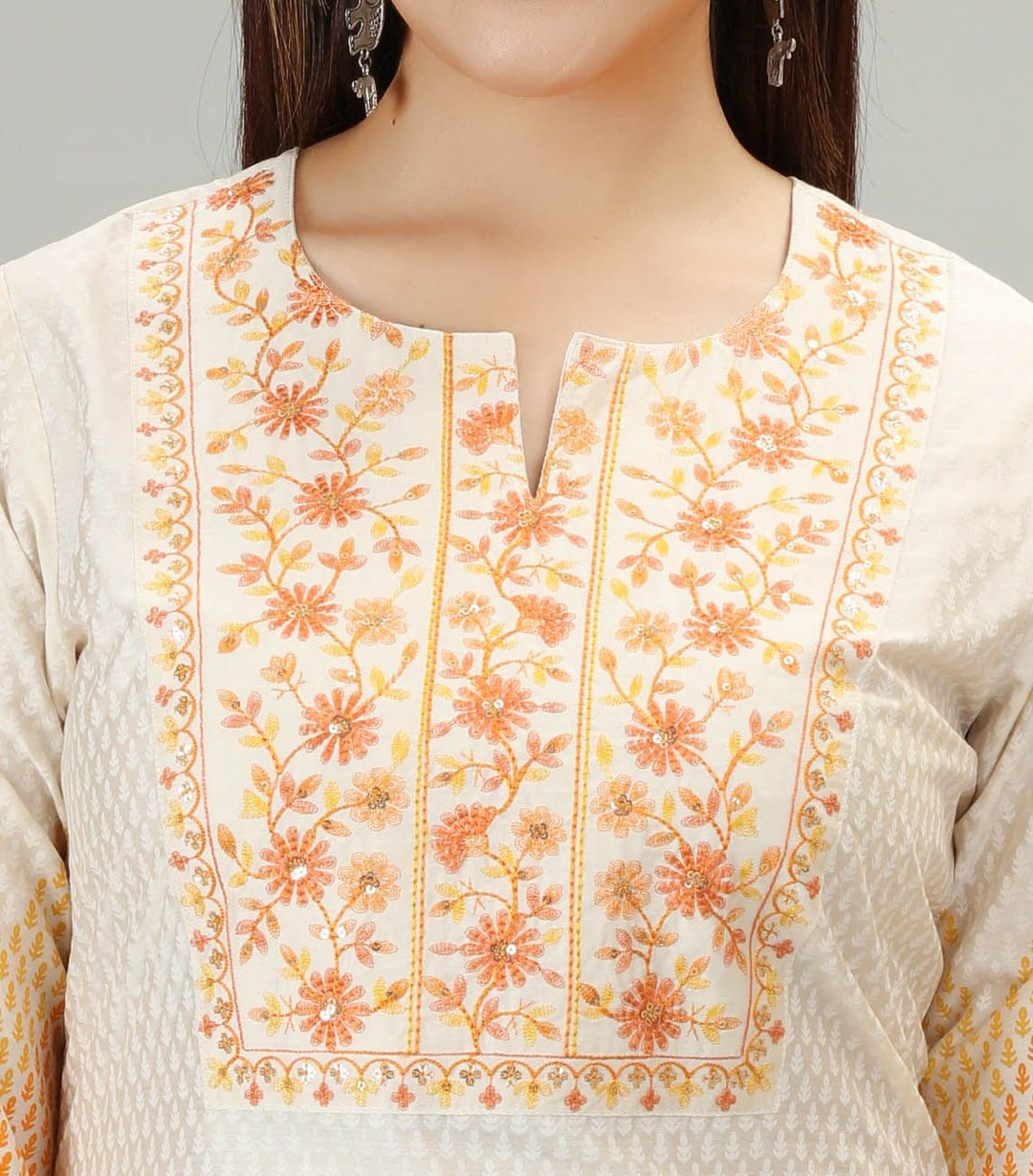 Off White Cotton Straight Embroidered Kurta