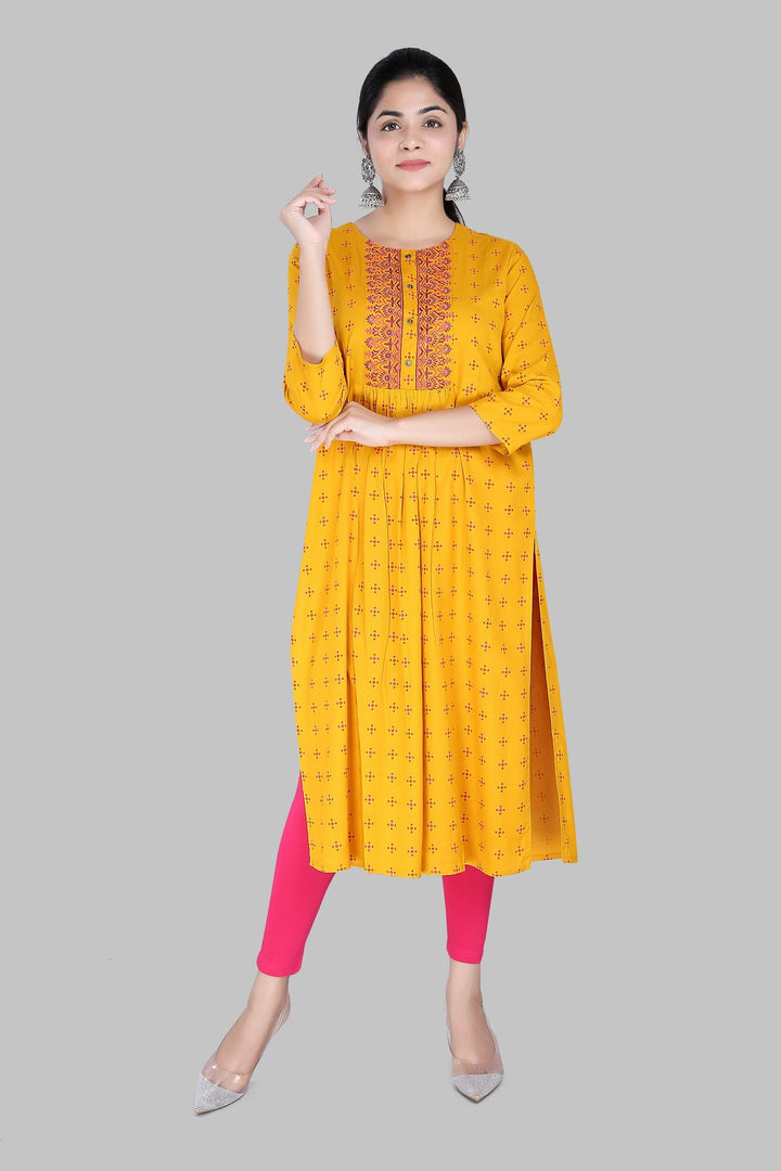 Mustard Rayon Gathered Embroidered Kurta