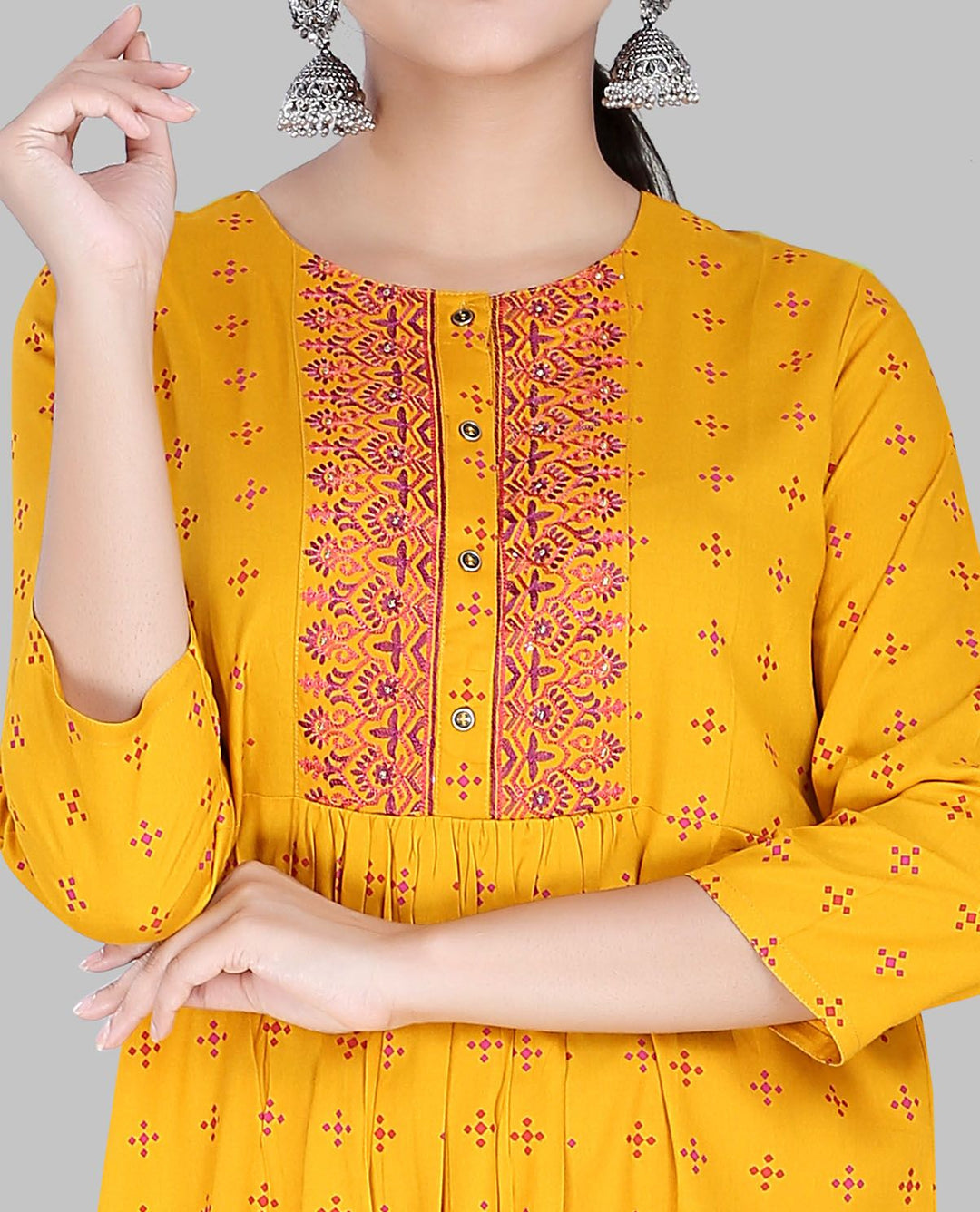 Mustard Rayon Gathered Embroidered Kurta