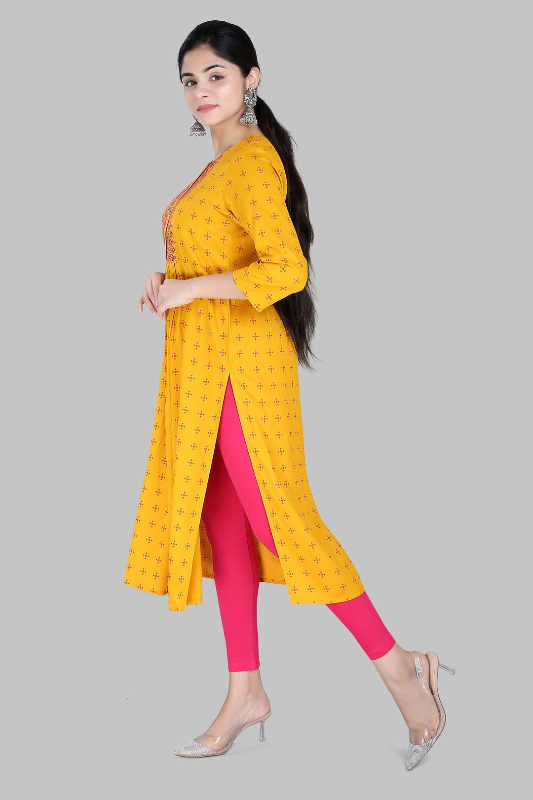 Mustard Rayon Gathered Embroidered Kurta