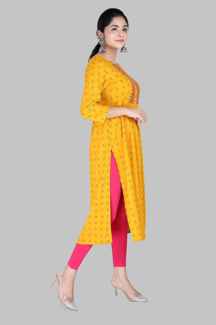 Mustard Rayon Gathered Embroidered Kurta