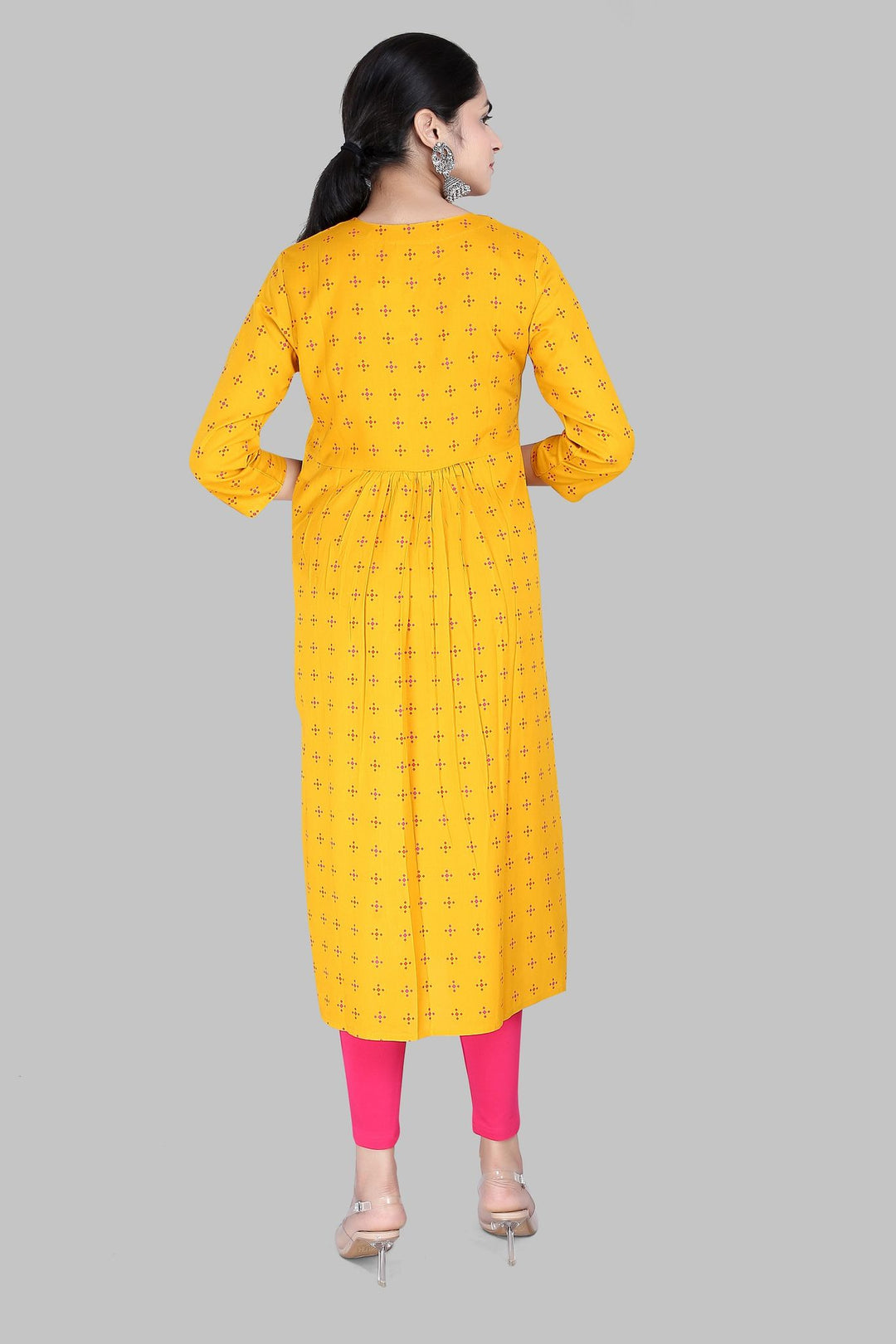 Mustard Rayon Gathered Embroidered Kurta