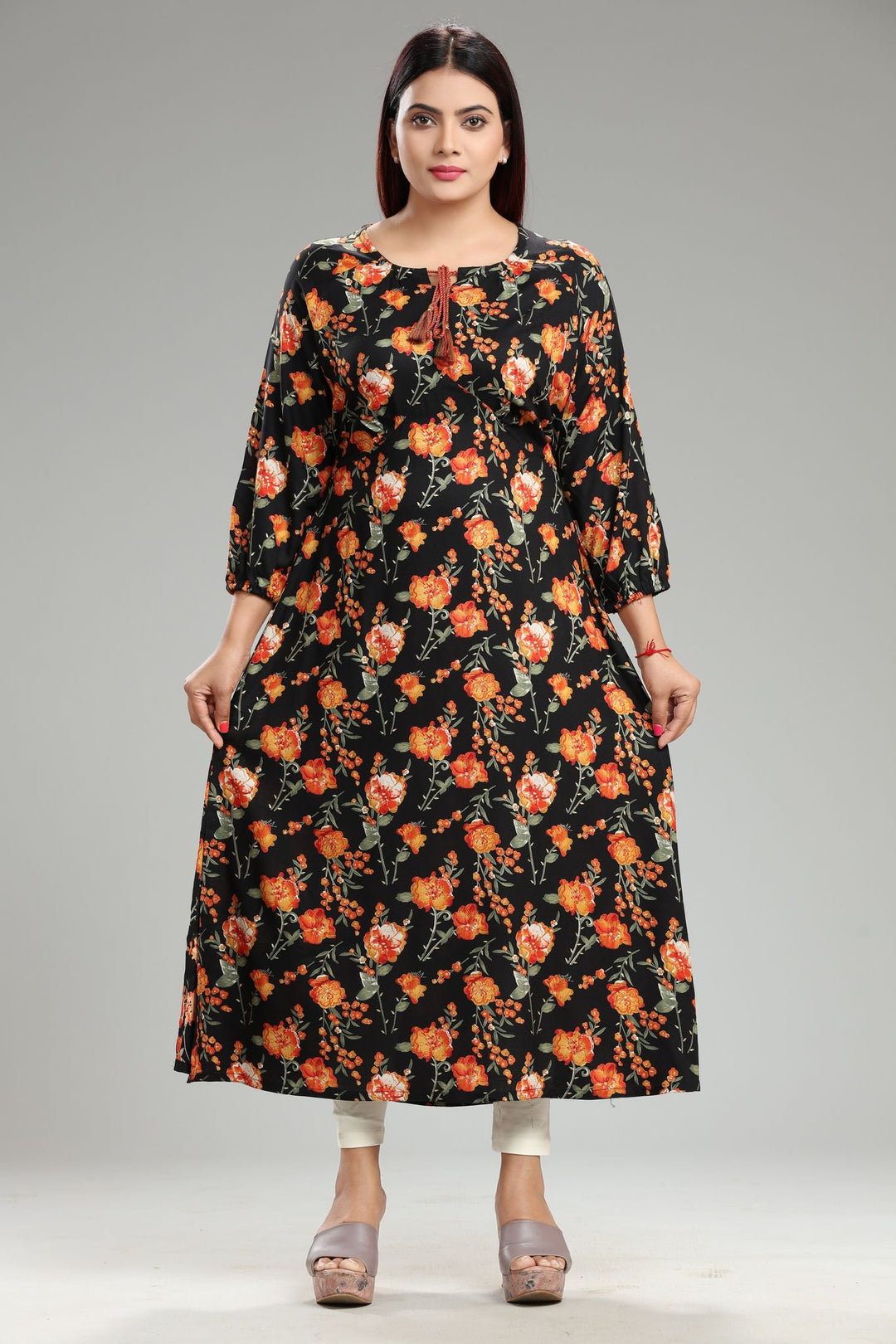 Black and Orange Rayon A Line Printed Kurta