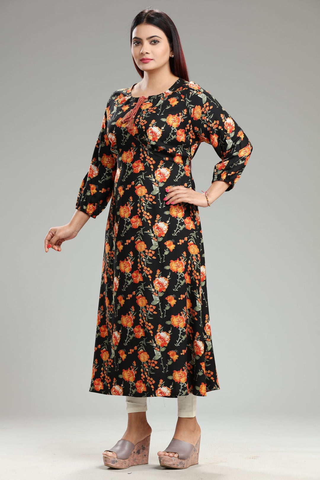 Black and Orange Rayon A Line Printed Kurta