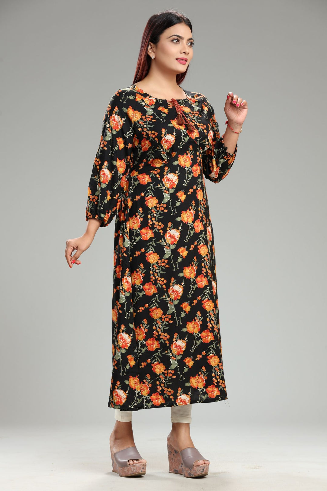 Black and Orange Rayon A Line Printed Kurta