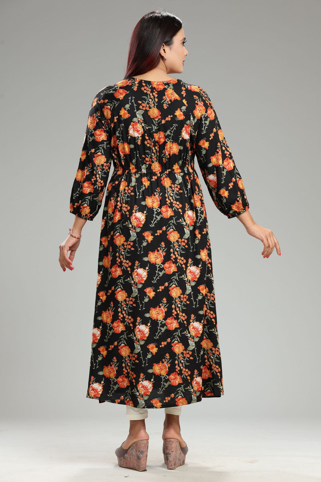 Black and Orange Rayon A Line Printed Kurta