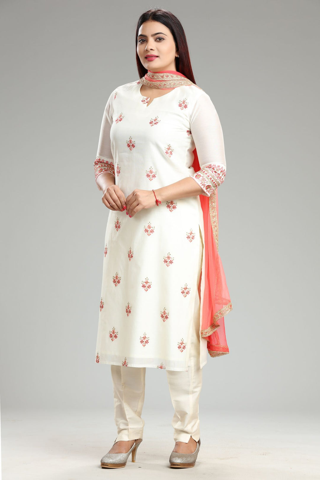 Rebha Off White Chanderi Embroidered Suit Set