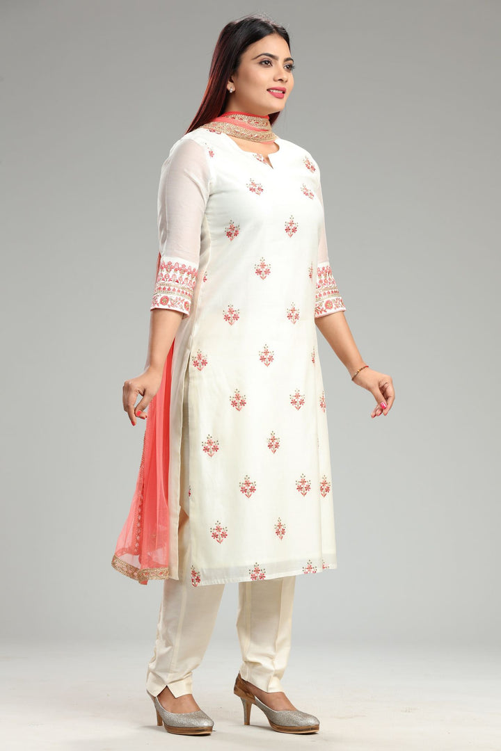 Rebha Off White Chanderi Embroidered Suit Set