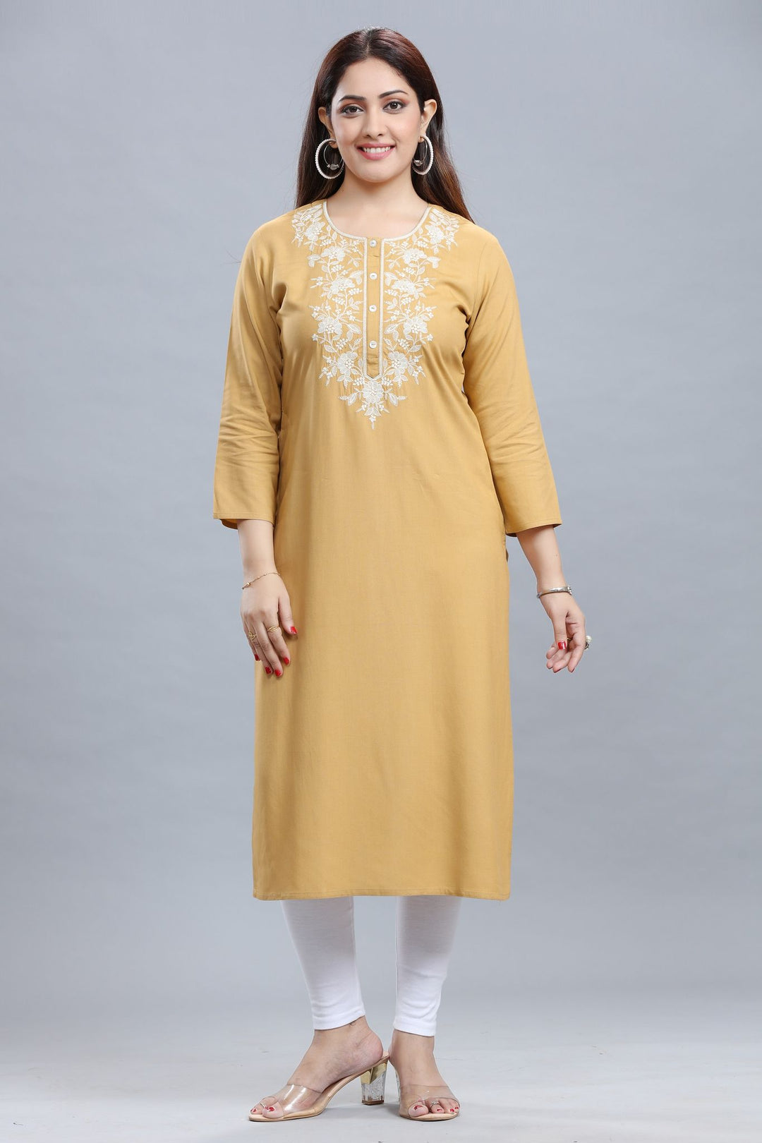 Beige Rayon Straight Embroidered Kurta