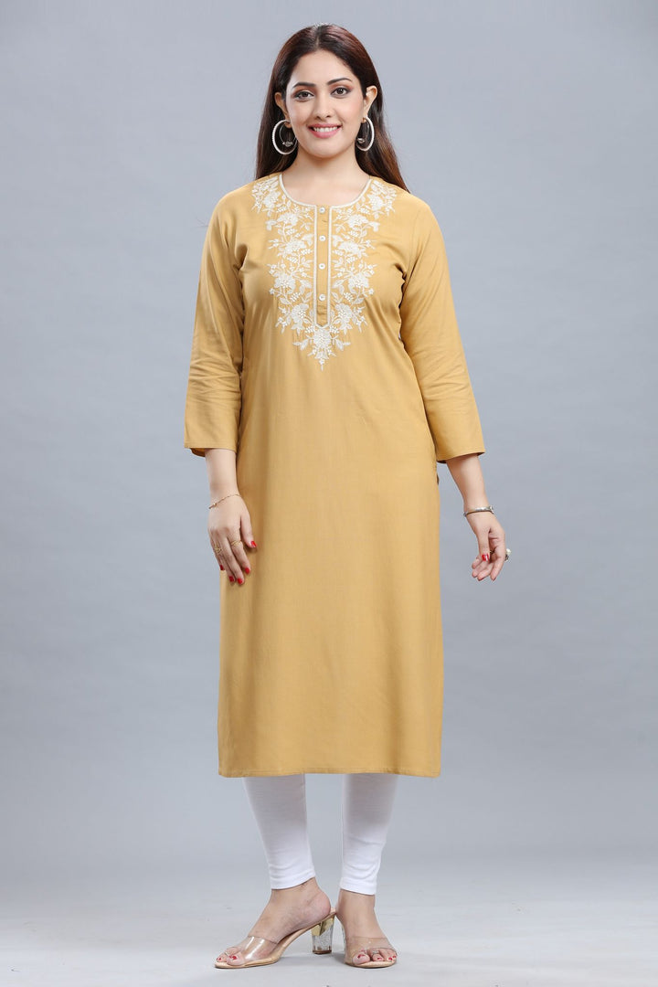 Beige Rayon Straight Embroidered Kurta