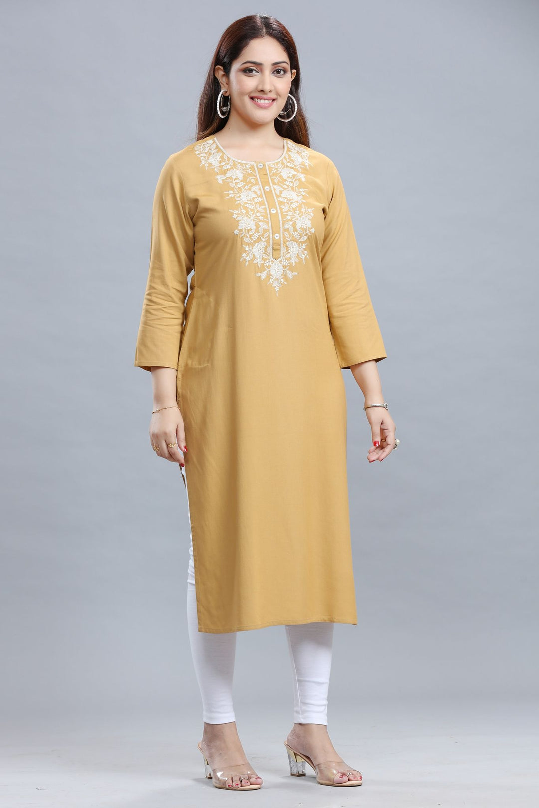 Beige Rayon Straight Embroidered Kurta