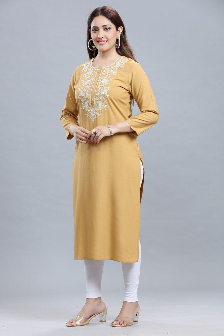 Beige Rayon Straight Embroidered Kurta