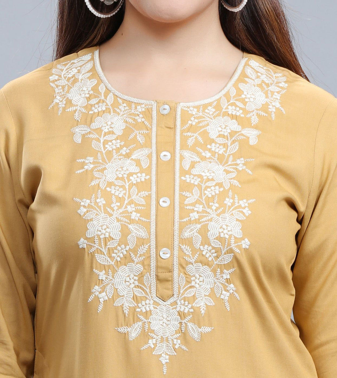 Beige Rayon Straight Embroidered Kurta